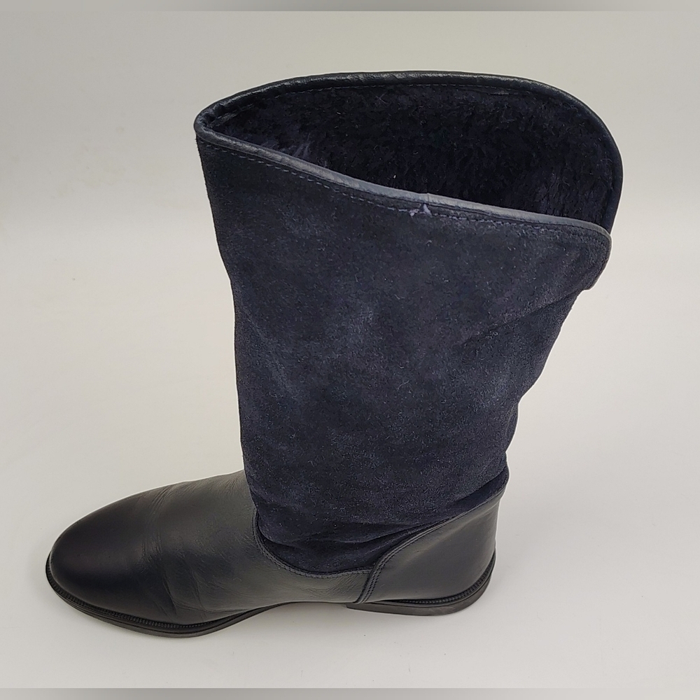 Navy Black Leather Suede Winter Women's Boots Sz 36 w/ Appique - Picture 6 of 15
